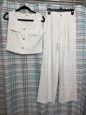 White Pinstripe Wide-Leg Pants with Matching Cropped Vest